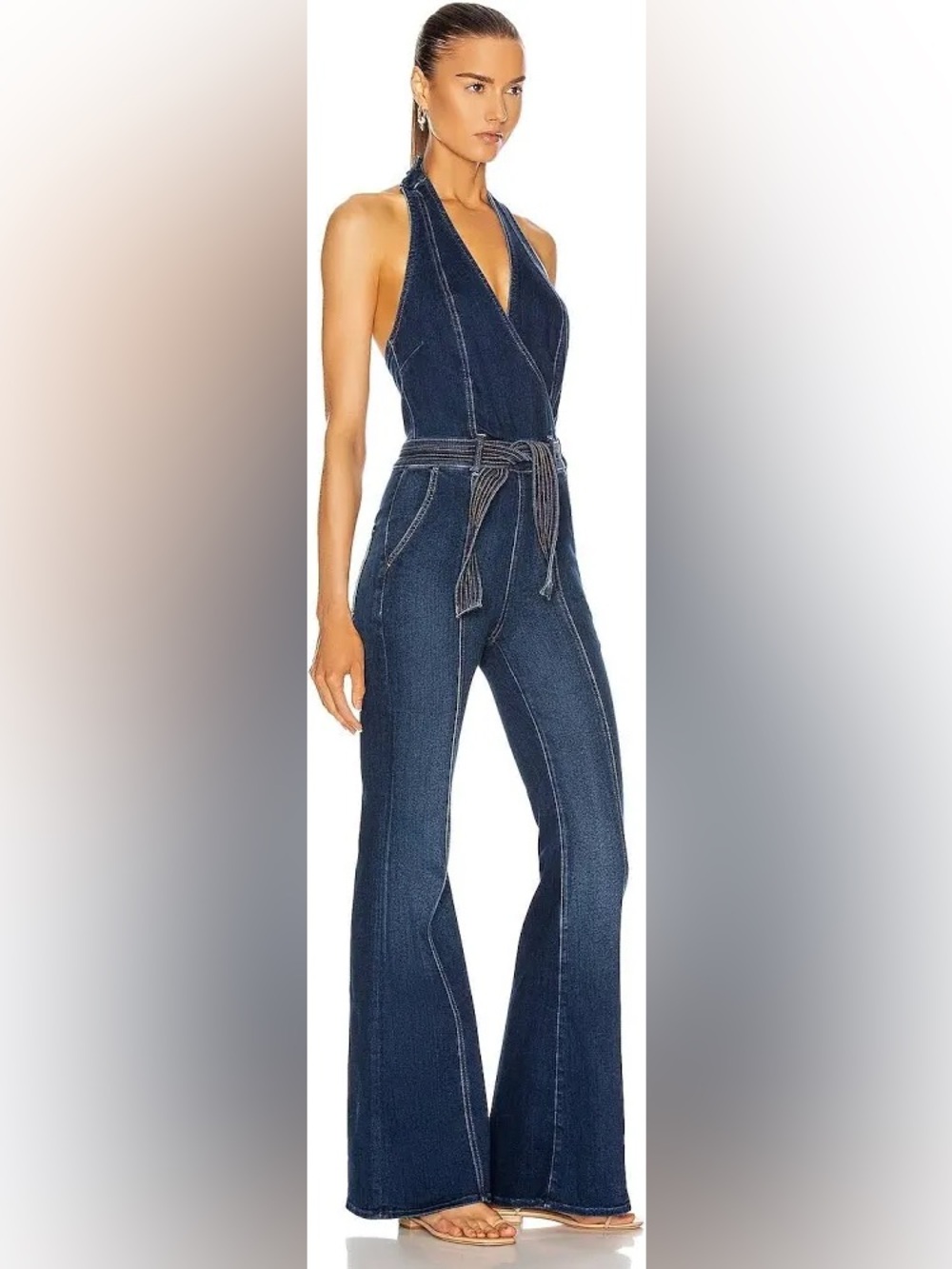 MOTHER Dark Blue Halter Denim Flare Jumpsuit